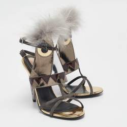 Fendi Grey Leather and Fur Monster Eyes Ankle Strap Sandals Size 37