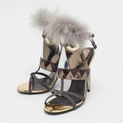Fendi Grey Leather and Fur Monster Eyes Ankle Strap Sandals Size 37