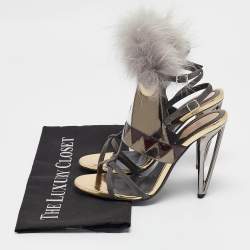 Fendi Grey Leather and Fur Monster Eyes Ankle Strap Sandals Size 37