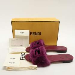 Fendi Purple Mink Fur Baguette Flat Slides Size 40