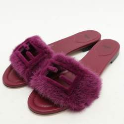 Fendi Purple Mink Fur Baguette Flat Slides Size 40