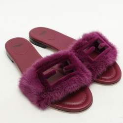 Fendi Purple Mink Fur Baguette Flat Slides Size 40