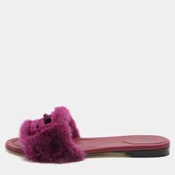 Fendi Purple Mink Fur Baguette Flat Slides Size 40