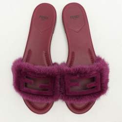 Fendi Purple Mink Fur Baguette Flat Slides Size 40