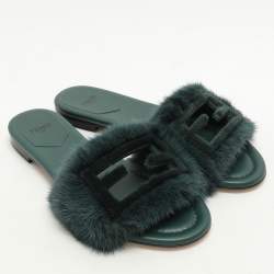 Fendi Green Mink Fur Baguette Flat Slides Size 36