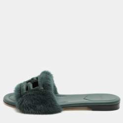 Fendi Green Mink Fur Baguette Flat Slides Size 36