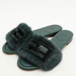 Fendi Green Mink Fur Baguette Flat Slides Size 36