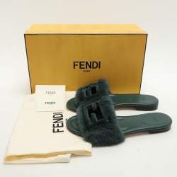 Fendi Green Mink Fur Baguette Flat Slides Size 36