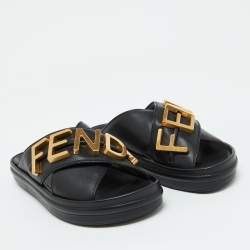 Pre Owned Fendi Black Leather Fendigraphy Flat Slide Sandals Size 37