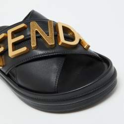 Pre Owned Fendi Black Leather Fendigraphy Flat Slide Sandals Size 37