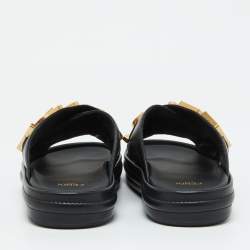 Pre Owned Fendi Black Leather Fendigraphy Flat Slide Sandals Size 37