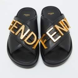 Pre Owned Fendi Black Leather Fendigraphy Flat Slide Sandals Size 37