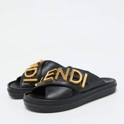 Pre Owned Fendi Black Leather Fendigraphy Flat Slide Sandals Size 37