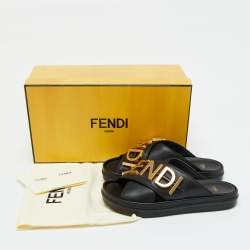 Pre Owned Fendi Black Leather Fendigraphy Flat Slide Sandals Size 37