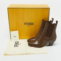 Fendi Brown Croc Embossed Leather Karligraphy Ankle Boots Size 36