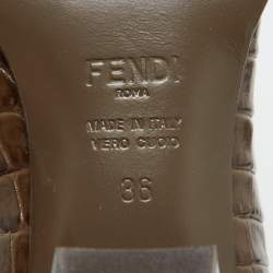 Fendi Brown Croc Embossed Leather Karligraphy Ankle Boots Size 36