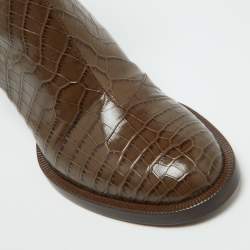 Fendi Brown Croc Embossed Leather Karligraphy Ankle Boots Size 36