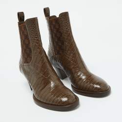 Fendi Brown Croc Embossed Leather Karligraphy Ankle Boots Size 36