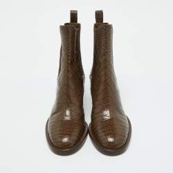 Fendi Brown Croc Embossed Leather Karligraphy Ankle Boots Size 36