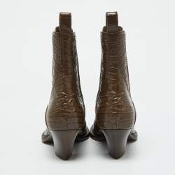 Fendi Brown Croc Embossed Leather Karligraphy Ankle Boots Size 36