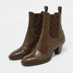 Fendi Brown Croc Embossed Leather Karligraphy Ankle Boots Size 36