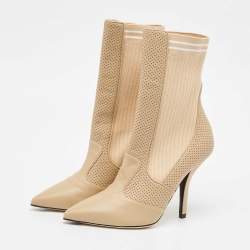 Fendi Beige Leather and Fabric Rockoko Ankle Length Boots Size 39
