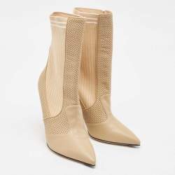 Fendi Beige Leather and Fabric Rockoko Ankle Length Boots Size 39
