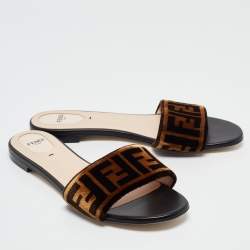 Pre Owned Fendi Brown Zucca Velvet Flat Slides Size 40.5 