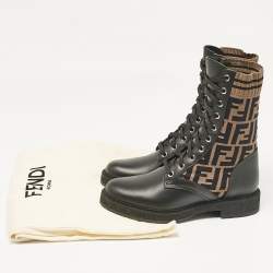 Pre Owned Fendi Black/Brown Canvas and Leather Rockoko Combat Boots Size 36.5