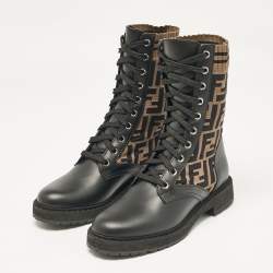 Pre Owned Fendi Black/Brown Canvas and Leather Rockoko Combat Boots Size 36.5