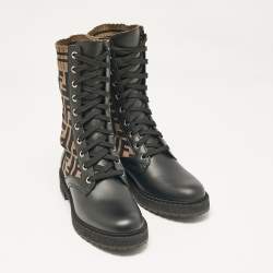 Pre Owned Fendi Black/Brown Canvas and Leather Rockoko Combat Boots Size 36.5
