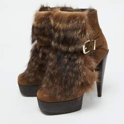 Pre Owned Fendi Brown Nubuck Leather and Raccoon Fur Platform Ankle Boots Size 36