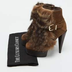 Pre Owned Fendi Brown Nubuck Leather and Raccoon Fur Platform Ankle Boots Size 36