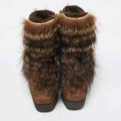 Pre Owned Fendi Brown Nubuck Leather and Raccoon Fur Platform Ankle Boots Size 36