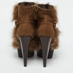 Pre Owned Fendi Brown Nubuck Leather and Raccoon Fur Platform Ankle Boots Size 36