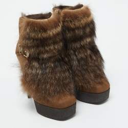 Pre Owned Fendi Brown Nubuck Leather and Raccoon Fur Platform Ankle Boots Size 36
