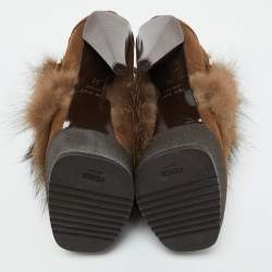 Pre Owned Fendi Brown Nubuck Leather and Raccoon Fur Platform Ankle Boots Size 36