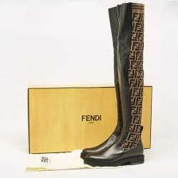 Fendi Brown/Black Canvas and Leather Over The Knee Boots Size 39