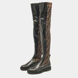 Fendi Brown/Black Canvas and Leather Over The Knee Boots Size 39