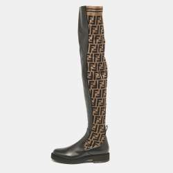 Fendi Brown/Black Canvas and Leather Over The Knee Boots Size 39