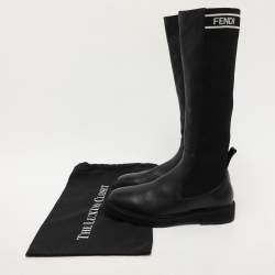 Pre Owned Fendi Black Leather and Stretch Fabric Logo Rockoko Calf Length Boots Size 40