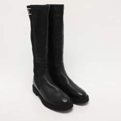 Pre Owned Fendi Black Leather and Stretch Fabric Logo Rockoko Calf Length Boots Size 40