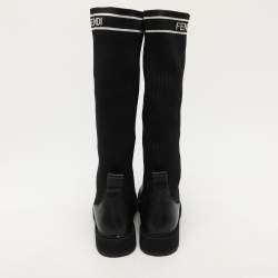 Pre Owned Fendi Black Leather and Stretch Fabric Logo Rockoko Calf Length Boots Size 40