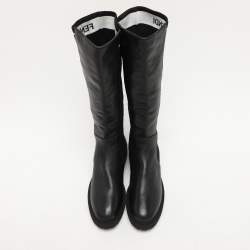 Pre Owned Fendi Black Leather and Stretch Fabric Logo Rockoko Calf Length Boots Size 40