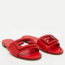 Fendi Red Leather Baguette Slide Sandals Size 37.5