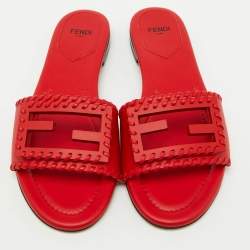Fendi Red Leather Baguette Slide Sandals Size 37.5