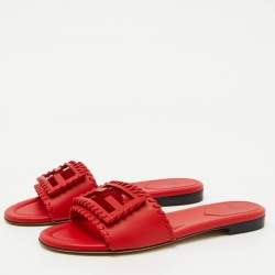 Fendi Red Leather Baguette Slide Sandals Size 37.5