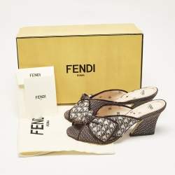 Fendi Brown Printed Fabric Knotted Bow Slide Sandals Size 36.5