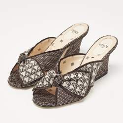 Fendi Brown Printed Fabric Knotted Bow Slide Sandals Size 36.5