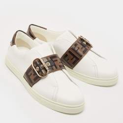 Fendi White/Brown Leather FF Buckle Low Top Sneakers Size 41
